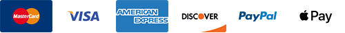 We Accept Visa, Mastercard, American Express, Discover, PayPal, and Apple Pay